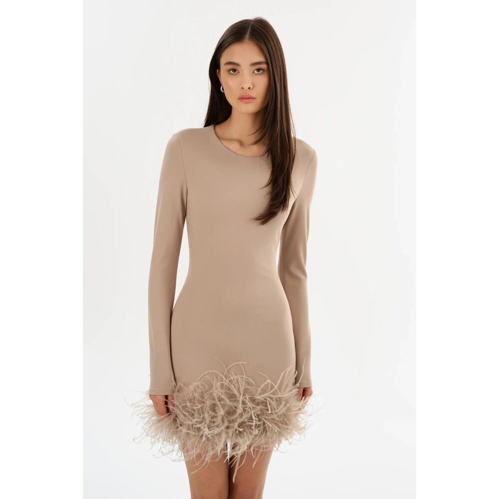 LaMarque Bahira Ostrich Feather Mini Dress in Champagne Women's Size S